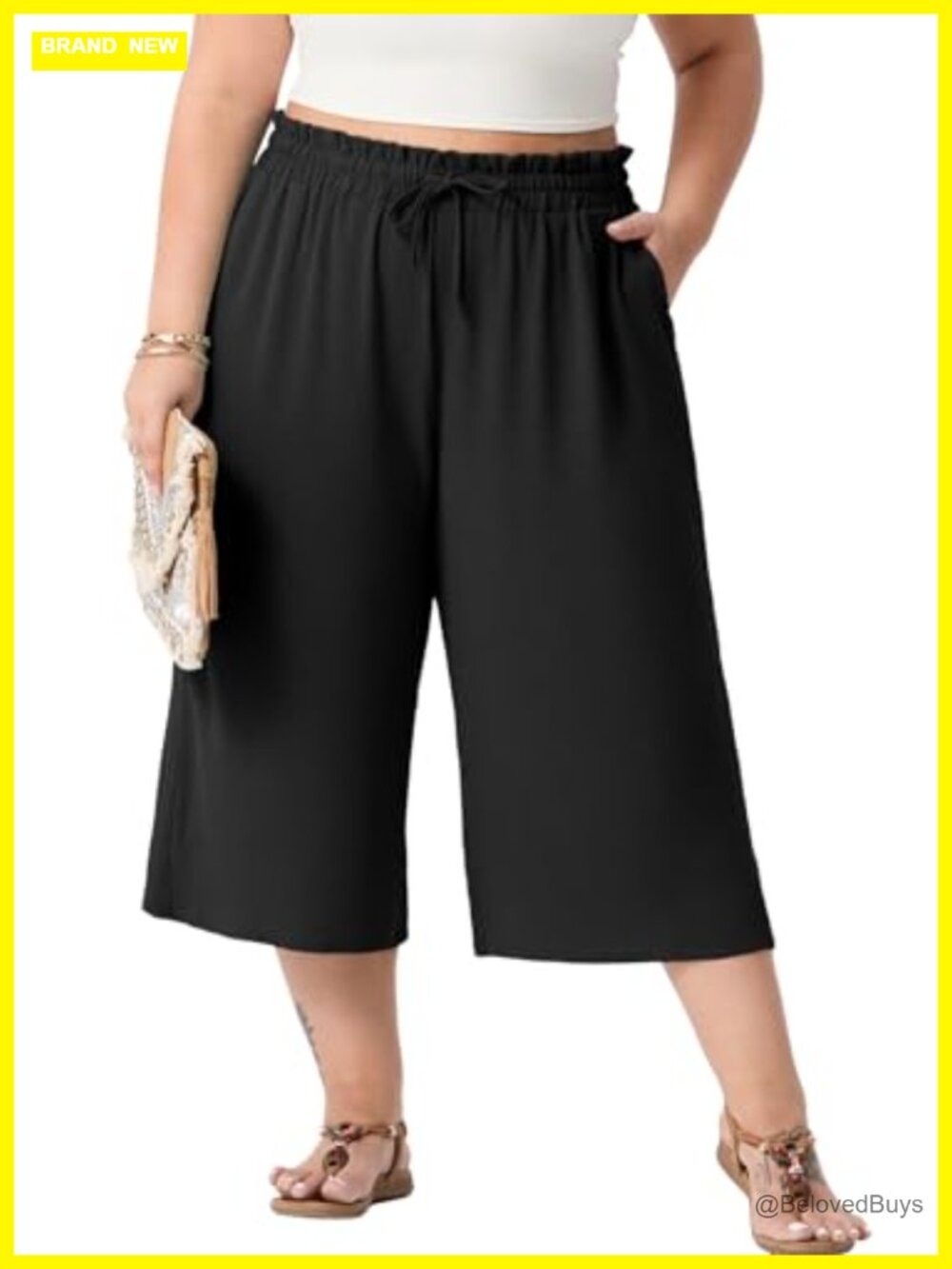 Plus Size Wide Leg Capris High Waist Drawstring Pockets